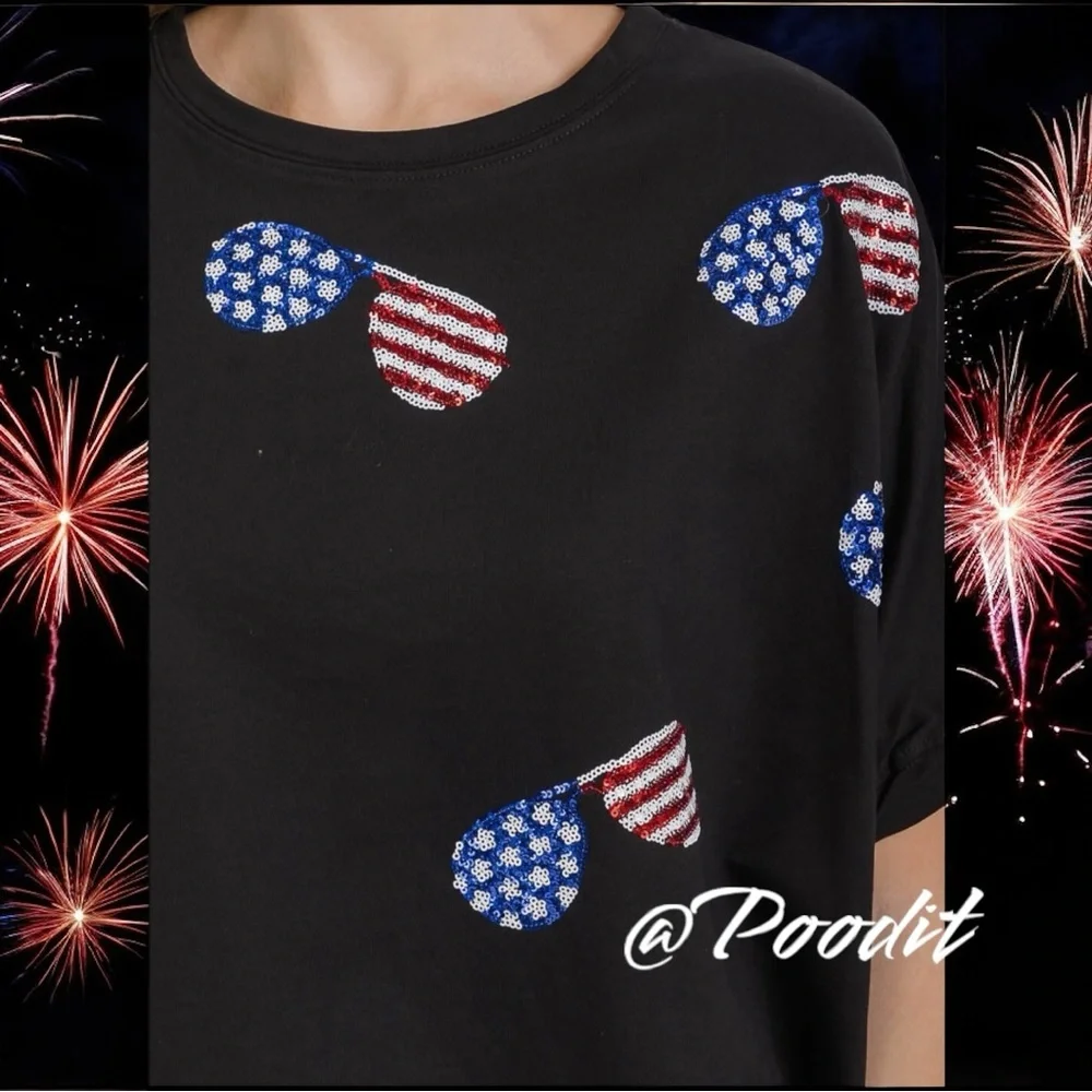 FANTASTIC FAWN patriotic sequin sunglasses  oversized top S M L - Picture 3 of 7